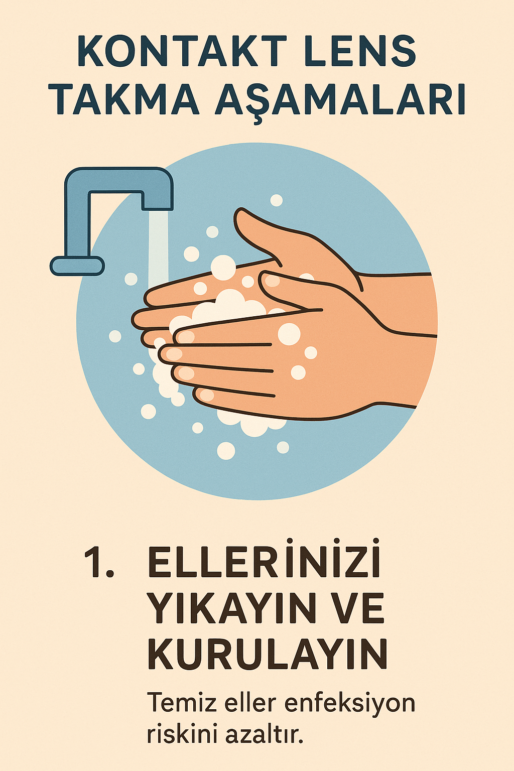 Kontakt lens takmadan önce ellerini sabunla yıkayan kişi çizimi