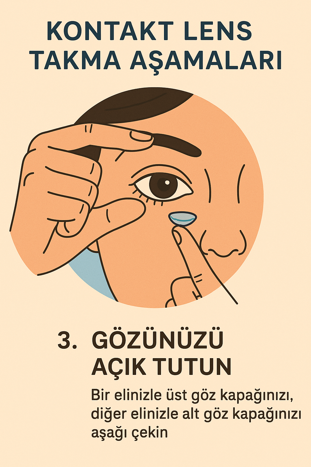 Göz kapağını açık tutarak kontakt lens yerleştirmeye hazırlanan kişi