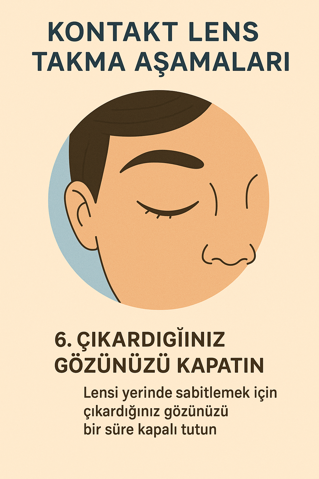 Kontakt lens taktıktan sonra gözünü kapatan kişi illüstrasyonu