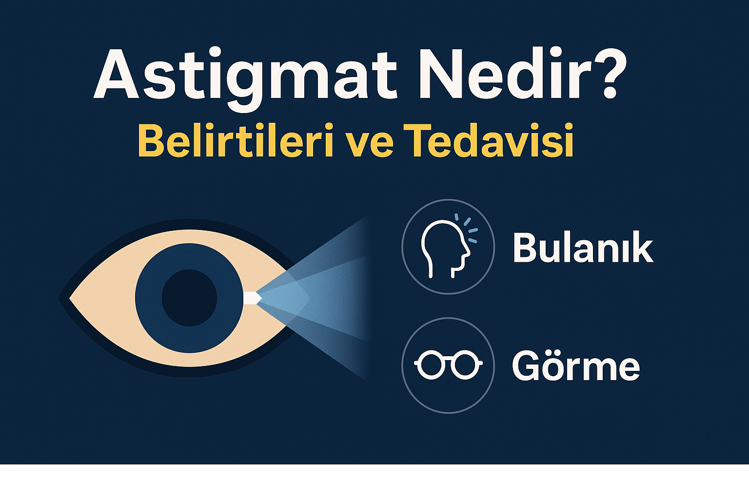 Astigmat nedir sorusunu açıklayan grafik: bulanık görme ve göz tedavisi ikonlarıyla birlikte stilize göz çizimi.