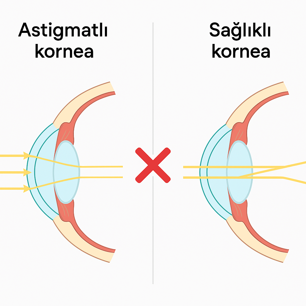 Astigmatlı kornea ile sağlıklı kornea arasındaki farkı gösteren diyagram: düzensiz ışık kırılması ve net odaklanma farkı.