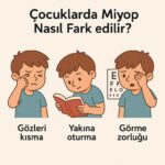 iyop olan çocuklarda gözleri kısma, yakına oturma ve görme zorluğu belirtilerini gösteren çizim.