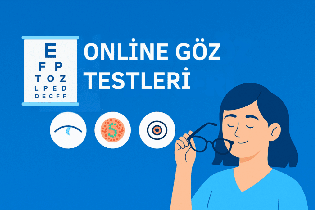 Online göz testini tanıtan dijital grafik; miyop, astigmat, renk körlüğü gibi test seçeneklerinin simgeleriyle birlikte kullanıcıyı yönlendiren Türkçe bilgilendirici görsel.