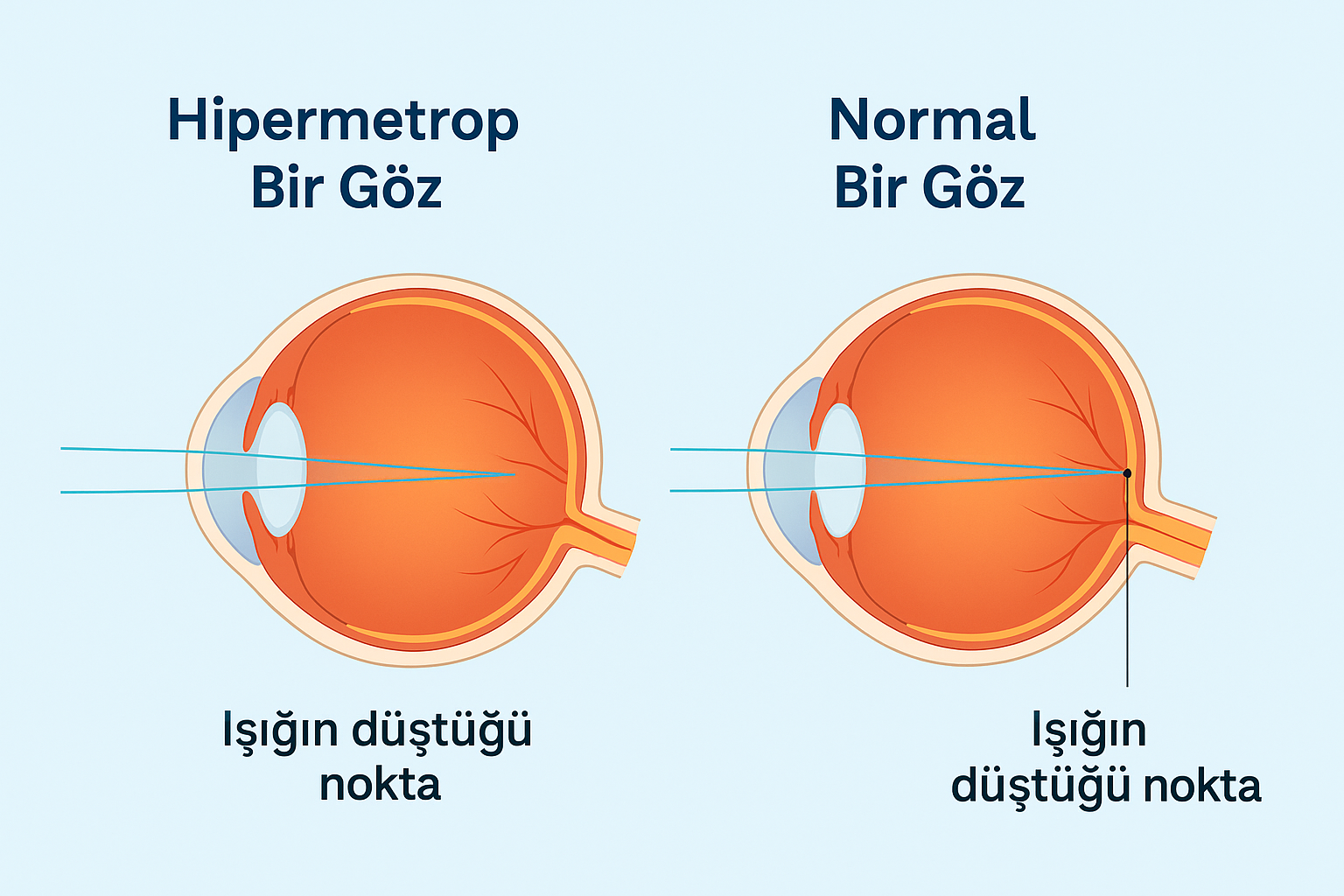 Hipermetrop göz ile normal gözün kesitlerinin karşılaştırıldığı görsel. Işık ışınlarının hipermetrop gözde retinanın arkasına, normal gözde ise retina üzerine düştüğü gösterilmektedir.