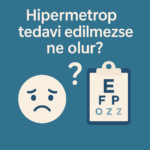 Hipermetrop tedavi edilmediğinde yaşanabilecek olumsuzlukları simgeleyen üzgün yüz ve göz test tablosu görseli.