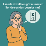 Lazerle tedavi sonrası görme düzeyinin gelecekte değişip değişmeyeceğini düşünen yaşlı kadın çizimi.