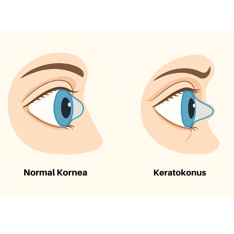 Sağlıklı ve keratokonuslu korneayı karşılaştıran Türkçe medikal çizim: kubbemsi normal kornea ve konikleşmiş keratokonuslu kornea
