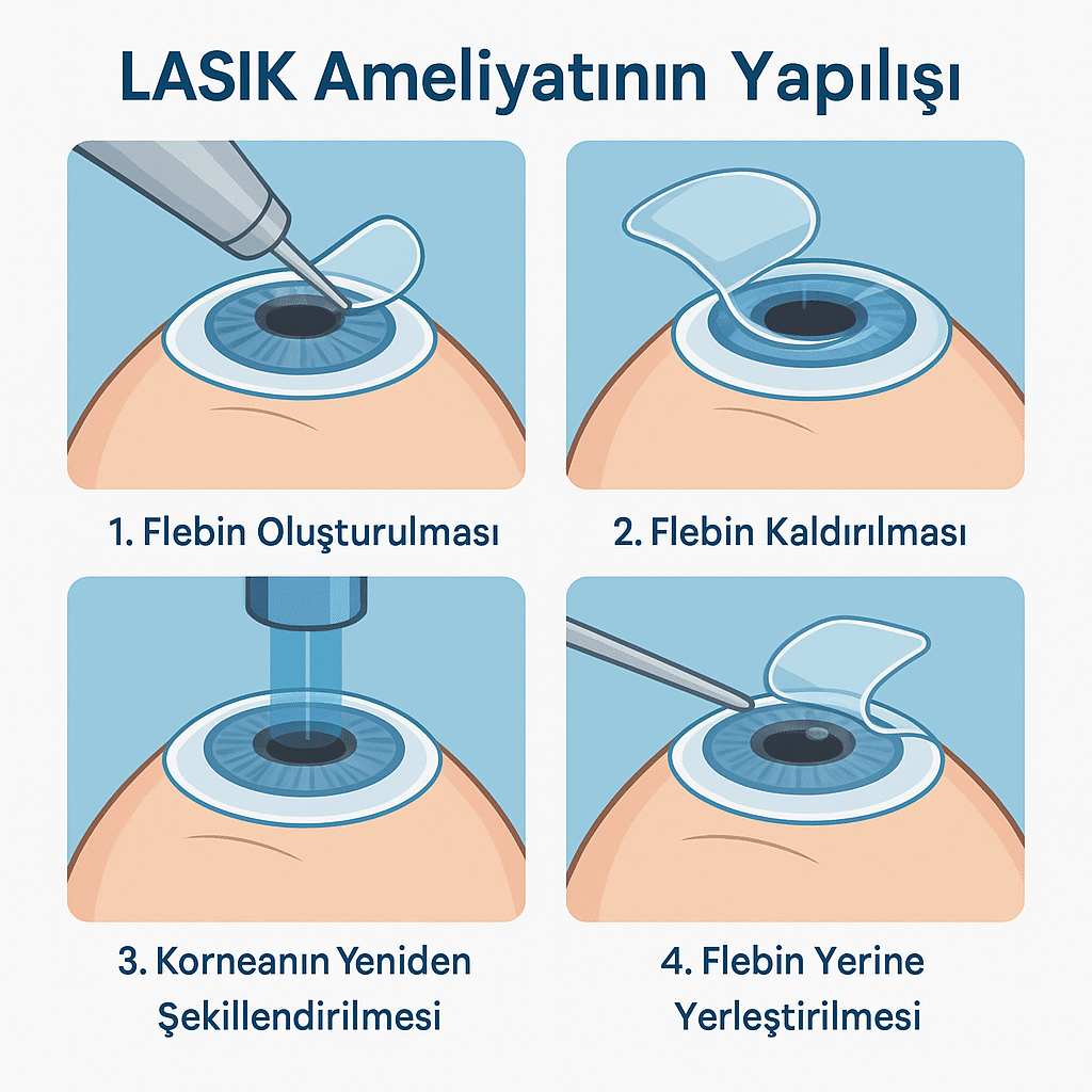 LASIK göz ameliyatının dört adımda nasıl yapıldığını gösteren bilgilendirici infografik: flebin oluşturulması, kaldırılması, korneanın lazerle şekillendirilmesi ve flebin geri yerleştirilmesi.