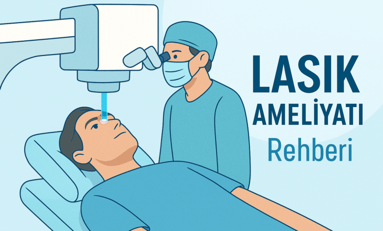 Lasik göz ameliyatı sırasında lazer uygulanan hastayı gösteren medikal illüstrasyon