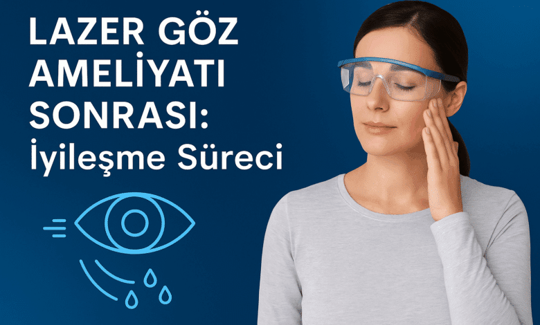 Lazer göz ameliyatı sonrası koruyucu gözlük takan bir kadını gösteren, iyileşme süreci temalı dijital bilgilendirme görseli.