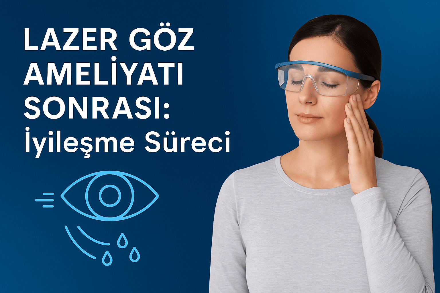 Lazer göz ameliyatı sonrası koruyucu gözlük takan bir kadını gösteren, iyileşme süreci temalı dijital bilgilendirme görseli.