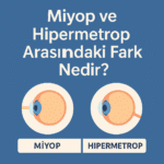 Miyop ve hipermetrop farkını karşılaştırmalı göz kesitleriyle gösteren açıklayıcı görsel.
