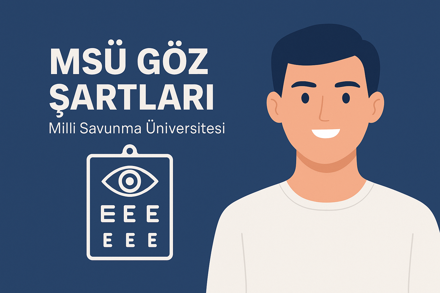MSÜ göz şartları hakkında bilgi veren görsel, göz testi simgesi ve genç erkek illüstrasyonu ile birlikte