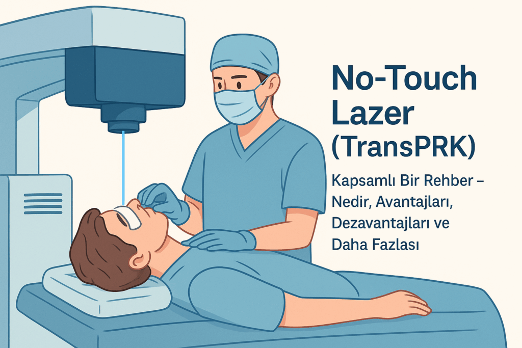 No Touch Lazer (TransPRK) ameliyatını anlatan tıbbi illüstrasyon – hasta, excimer lazer cihazı altında yatarken doktor uygulama yapıyor