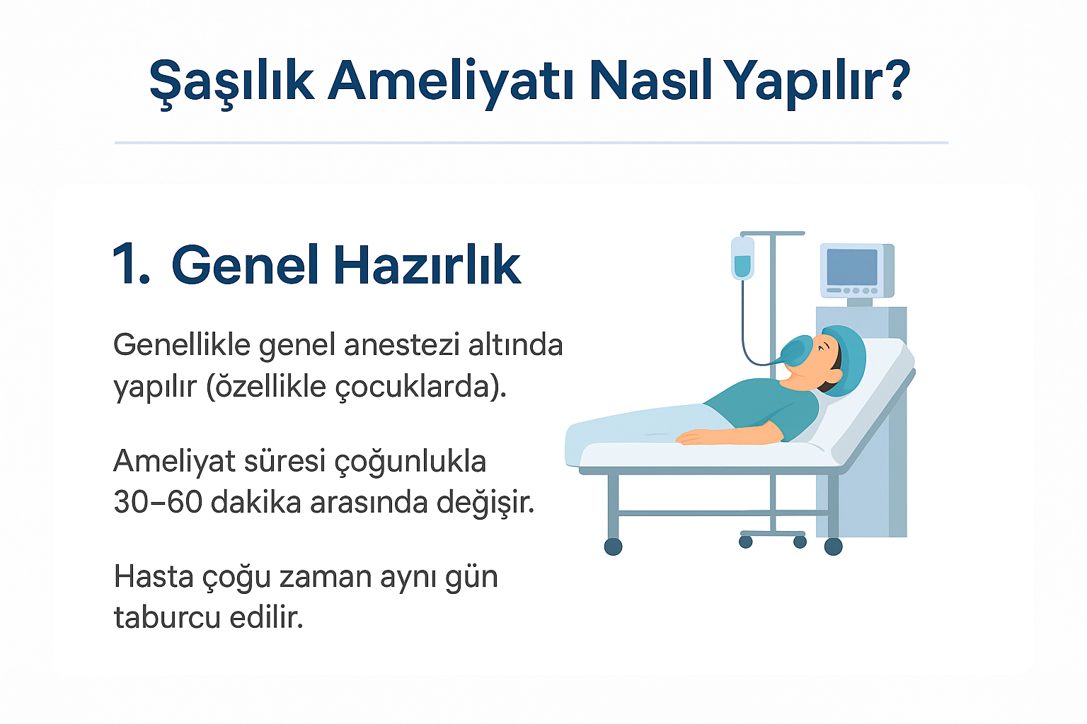 Göz ameliyatı öncesi hazırlık aşamasını gösteren bilgilendirici çizim