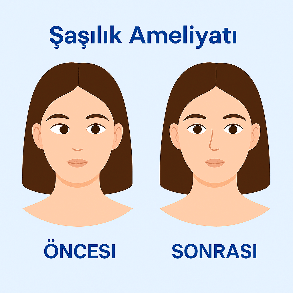 Şaşılık ameliyatı öncesi ve sonrası göz hizalamasını gösteren karşılaştırmalı çizim