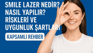 Gülen genç kadın göz işareti yapıyor, SMILE lazer hakkında bilgilendirici yazı içeren mavi arka planlı grafik
