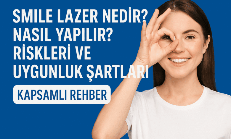 Gülen genç kadın göz işareti yapıyor, SMILE lazer hakkında bilgilendirici yazı içeren mavi arka planlı grafik