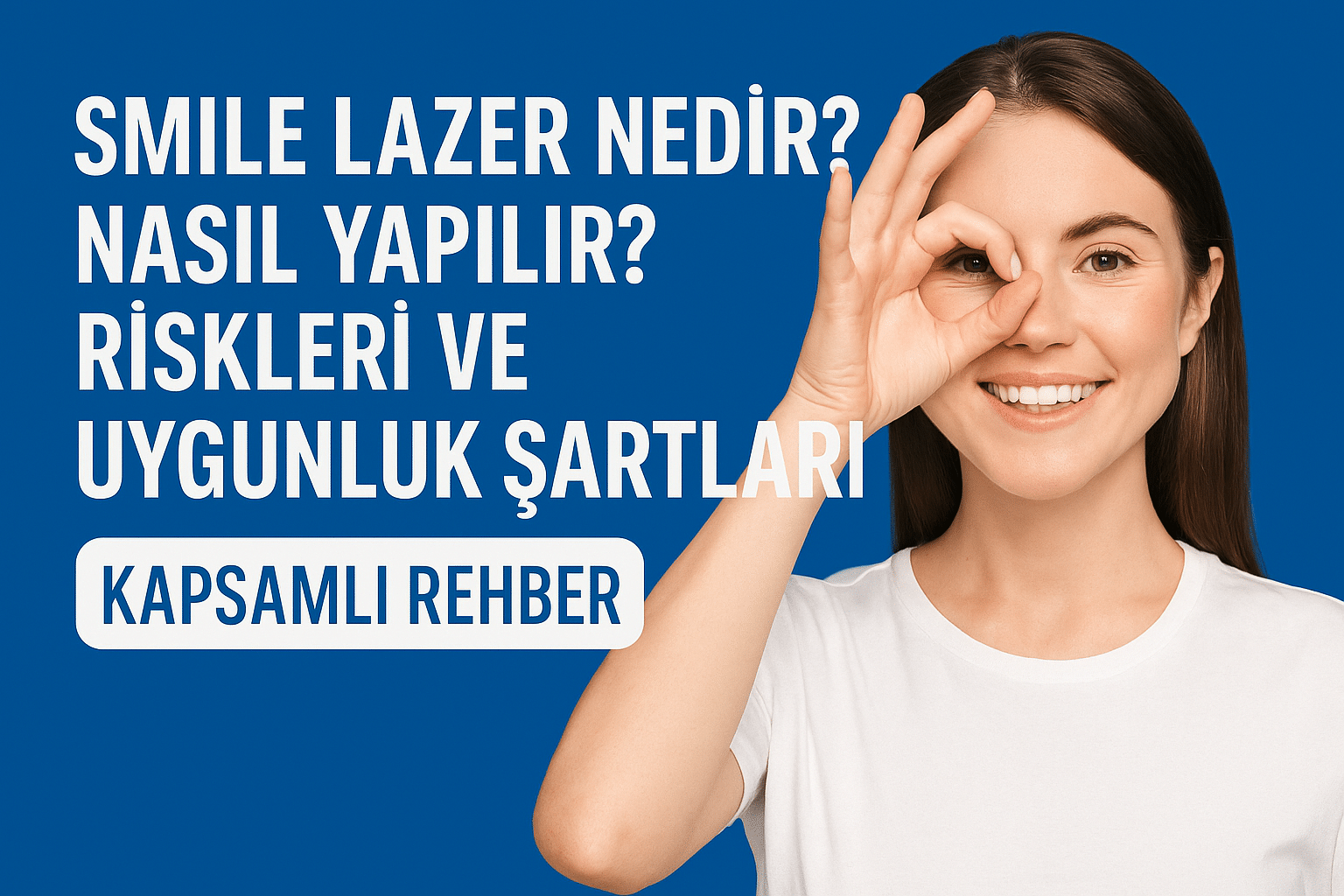 Gülen genç kadın göz işareti yapıyor, SMILE lazer hakkında bilgilendirici yazı içeren mavi arka planlı grafik